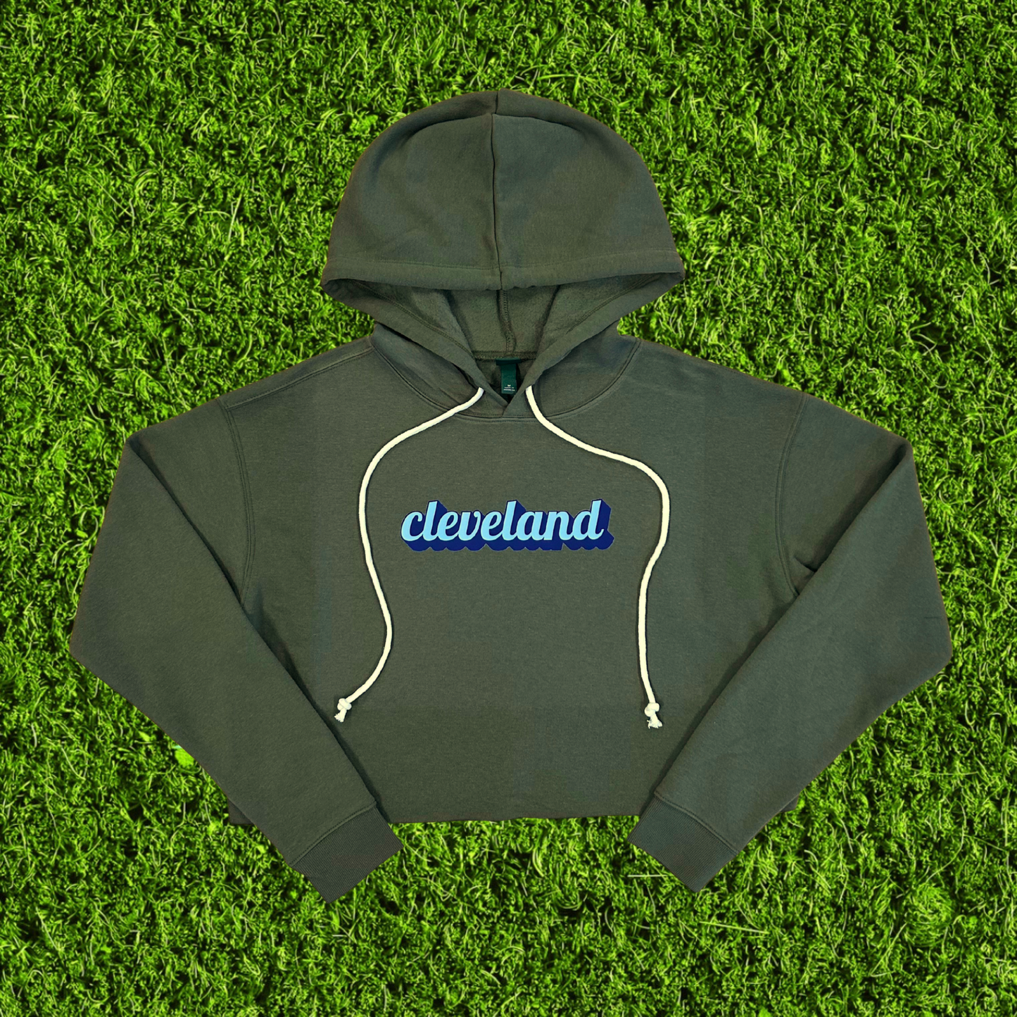 Women's Script Cleveland Olive Green Cropped Hoodie