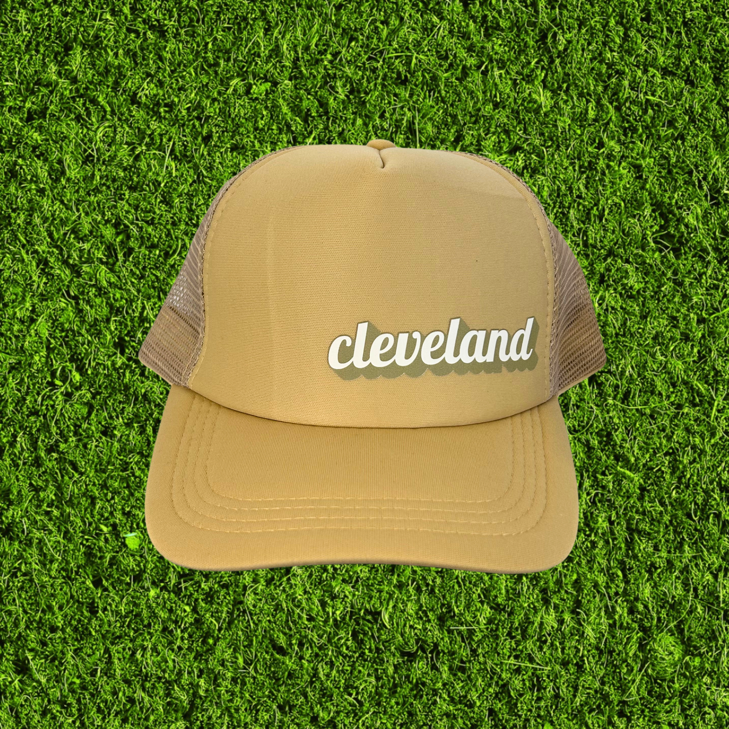 Tan Cleveland Script Trucker Hat