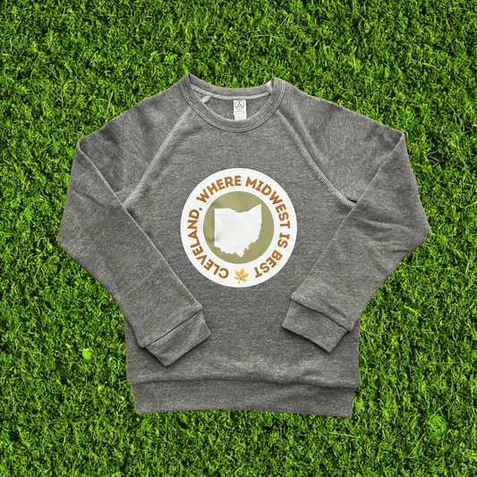 Youth Cleveland, Where Midwest Is Best Grey Raglan Sweatshirt