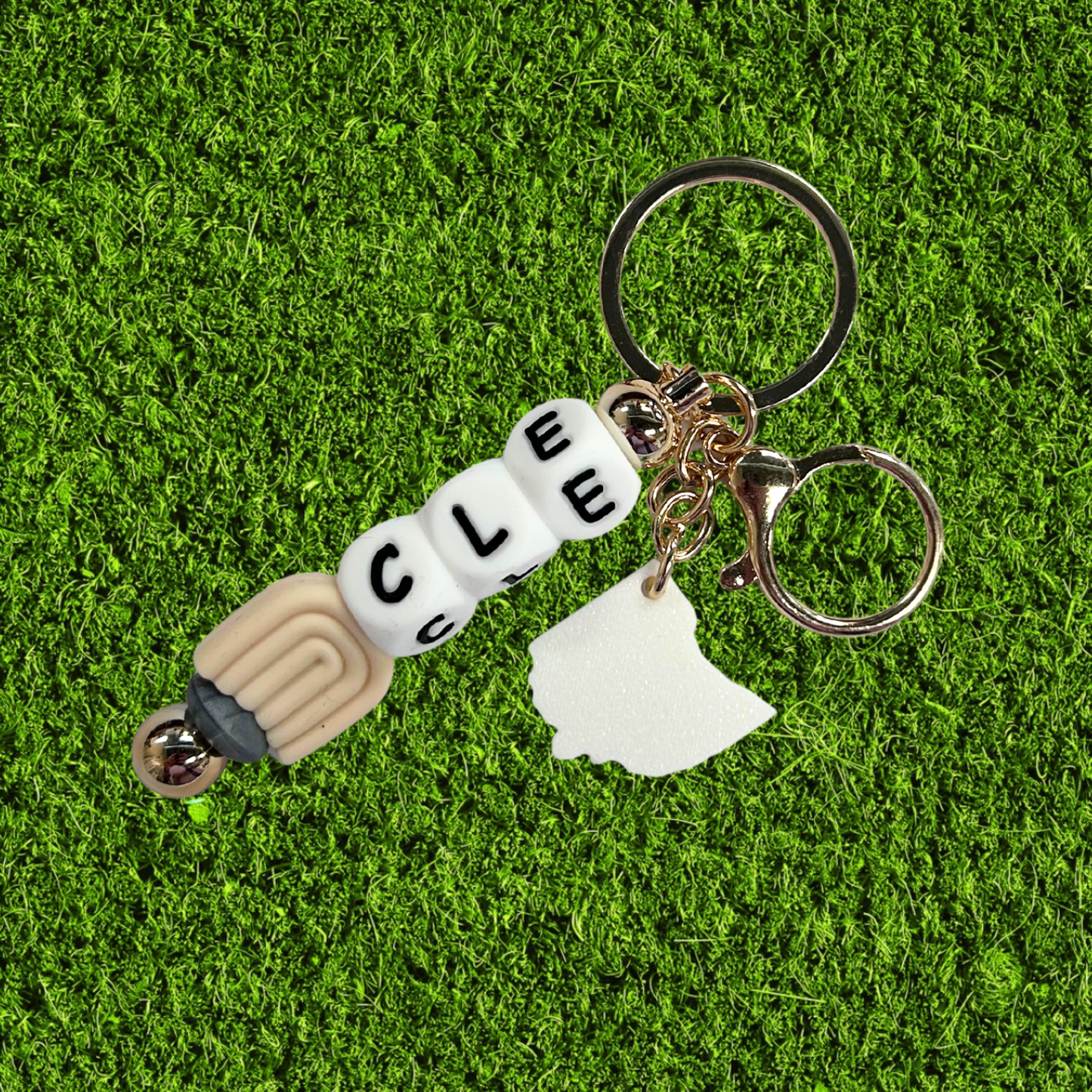 Tan and White CLE Ohio Chunky Bead Keychain